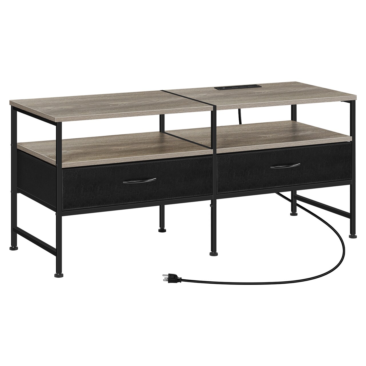 Rustic Oak TV Stand with Charging Station, Fits Up to 50 Inch TVs, Storage Drawers & Open Shelves